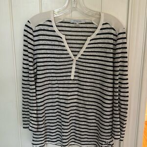 Gerard Darel Linen and Silk Navy Blue Stripes V Neck Size 2